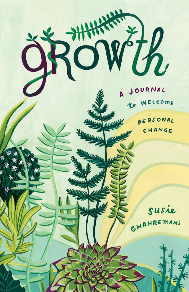 Illustrated guided journal 'Growth' with prompts for self-reflection and personal development, featuring whimsical plant designs.