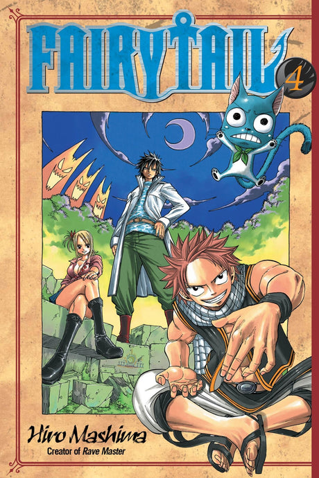 Cover of *Fairy Tail 4*, featuring Natsu, Lucy, and Happy on an adventurous quest to Demon Island.