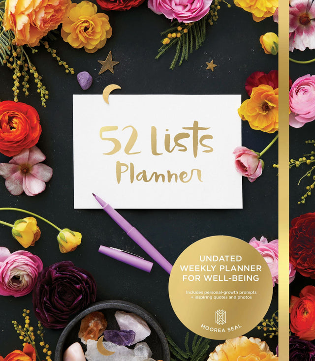 Undated black floral planner with prompts for goal setting, reflection, and organization, featuring 320 pages and spiral binding.