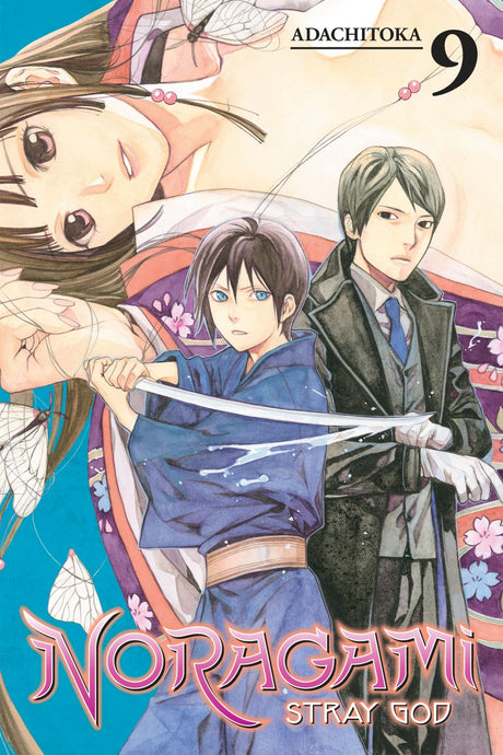 Cover of "Noragami: Stray God 9" featuring Yato and Ebisu confronting Izanami against a high school backdrop.