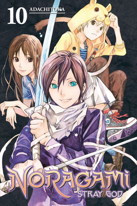 Cover of Noragami Stray God Volume 10 featuring Yato, a quirky homeless god, amidst vibrant illustrations of his adventures.