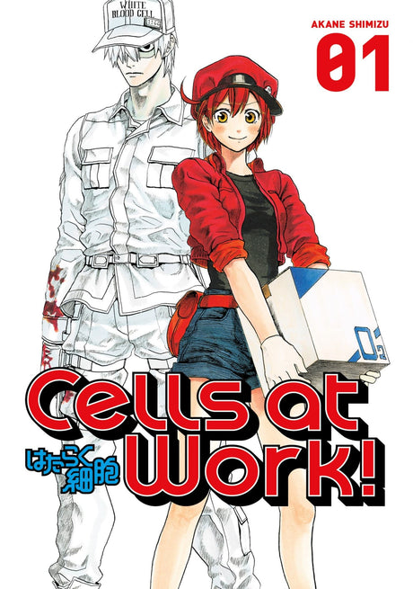 Cover of Cells At Work! Volume 1, showcasing vibrant characters like red blood cells and white blood cells in a biological adventure.