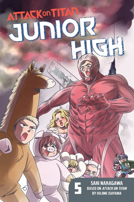 Trade paperback of Attack On Titan Junior High 5, featuring Eren and Mikasa's humorous school adventures in a post-apocalyptic setting.