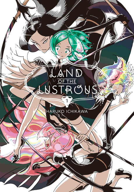 Cover of "Land of the Lustrous 1," featuring vibrant illustrations of crystalline beings and an action-packed fantasy setting.