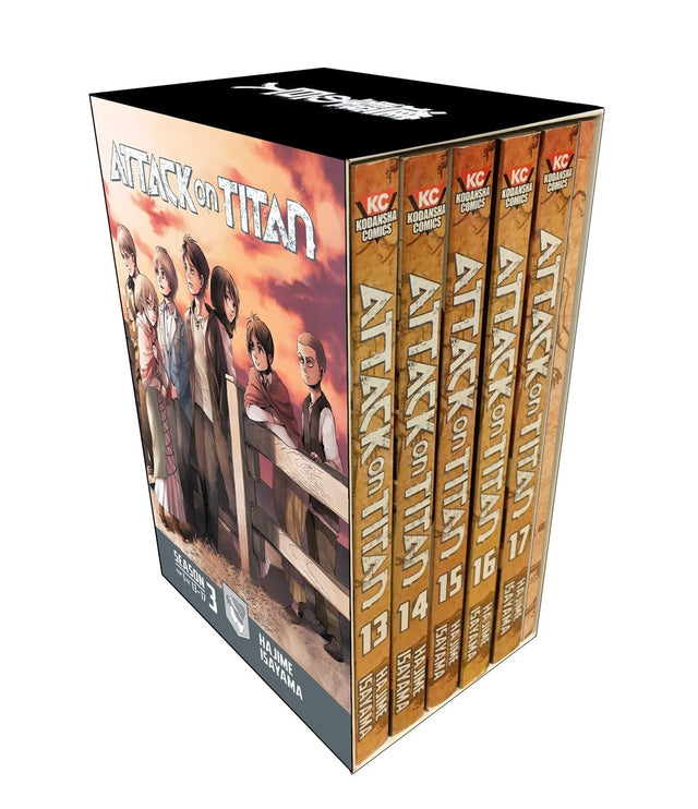 Box set of Attack on Titan Season 3 manga, featuring Volumes 13-17 and exclusive short stories in English.