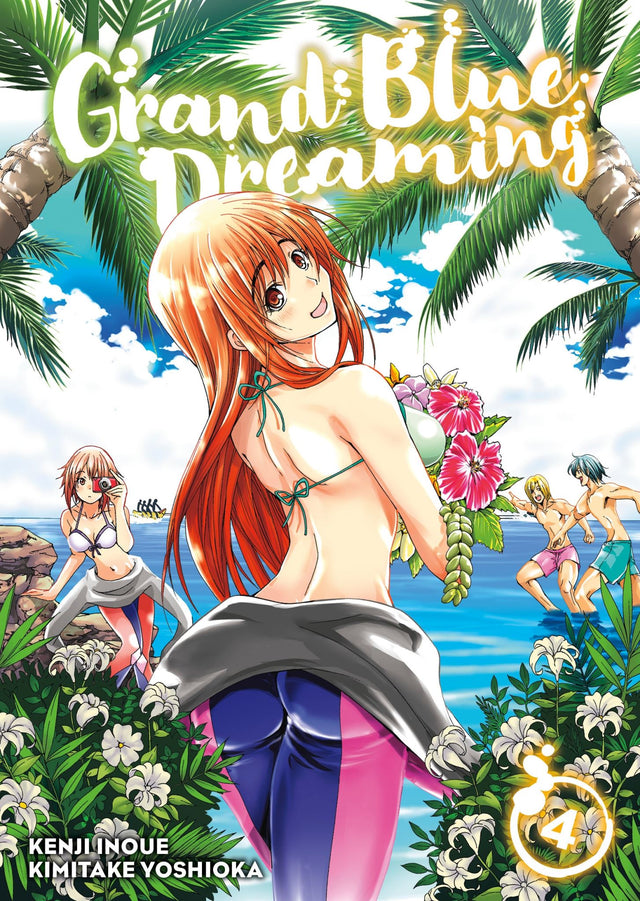 Cover of 'Grand Blue Dreaming 4', featuring vibrant art of college life, diving, and comedic adventures in a seaside town.