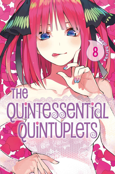 Cover of *The Quintessential Quintuplets 8*, showcasing Futaro and the five quintuplets amid a romantic comedy setup.