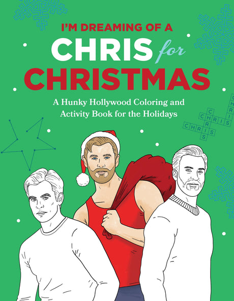Festive activity book featuring celebrity 'Chrises' in holiday-themed illustrations, puzzles, and carol lyrics.