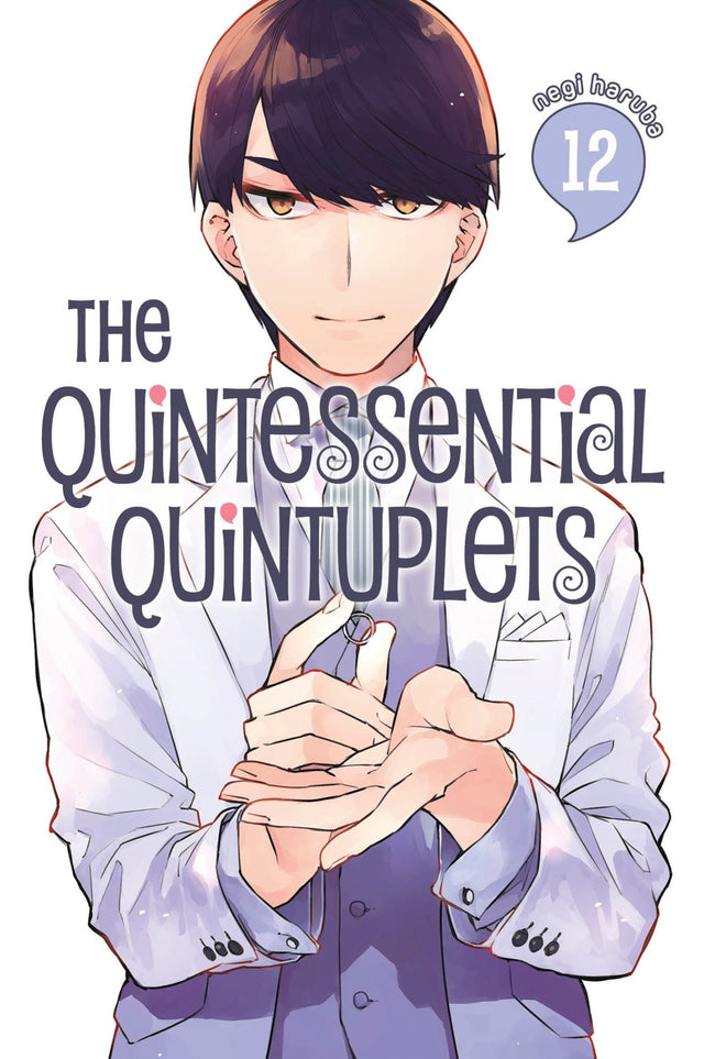 Cover of 'The Quintessential Quintuplets 12', featuring Futaro and the five charming Nakano sisters in a vibrant manga style.