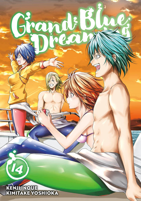 Cover of Grand Blue Dreaming 14, a comedy manga featuring college life, diving, and humorous escapades in a seaside town.