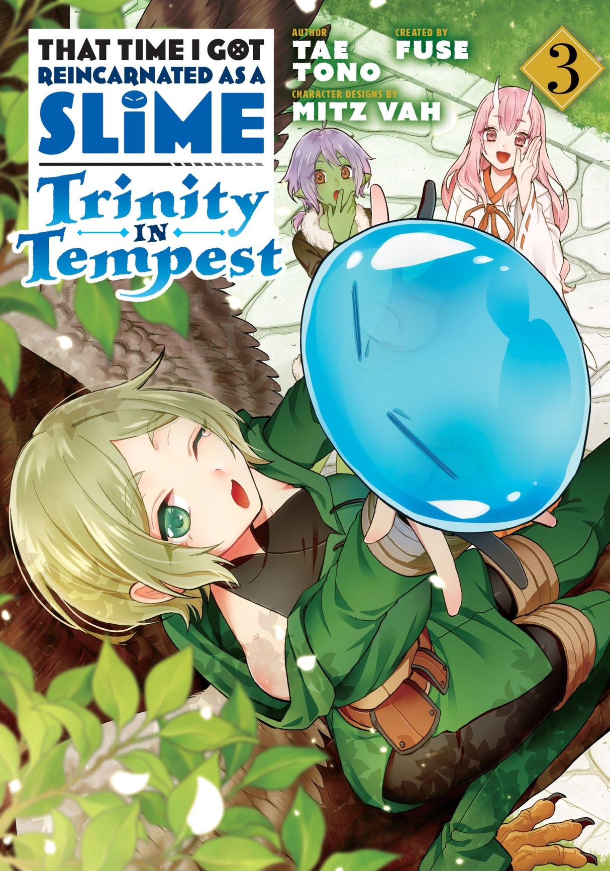 Illustrated cover of 'That Time I Got Reincarnated as a Slime: Trinity in Tempest (Manga) 3' featuring Phos, Stella, and Nemu in action.