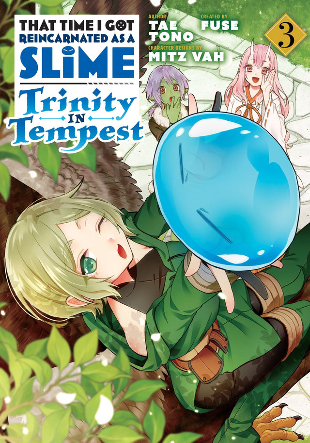 Illustrated cover of 'That Time I Got Reincarnated as a Slime: Trinity in Tempest (Manga) 3' featuring Phos, Stella, and Nemu in action.