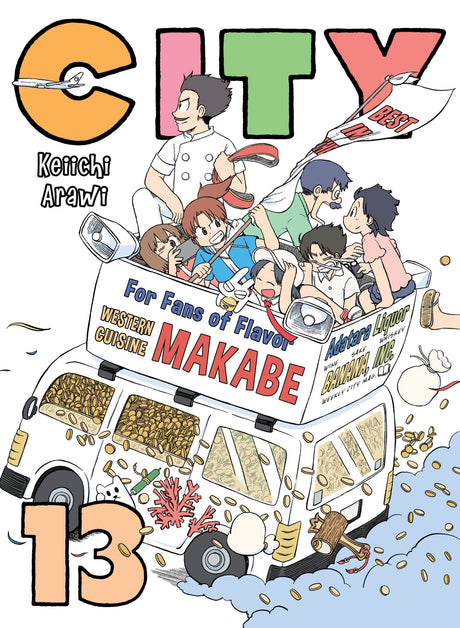 Cover of CITY, Volume 13, depicting a bustling town and quirky characters in a humorous manga finale.