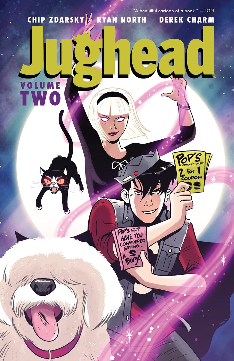 Cover of Jughead Vol. 2, a comic collection featuring humor, adventure, and vibrant art from Chip Zdarsky, Ryan North, and Derek Charm.