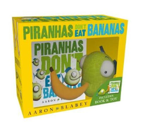 Mini boxed set of 'Piranhas Don't Eat Bananas' with a plush toy, perfect for storytime and imaginative learning.