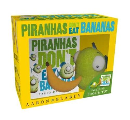 Mini boxed set of 'Piranhas Don't Eat Bananas' with a plush toy, perfect for storytime and imaginative learning.