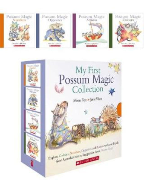 Colorful boxed set of 4 board books teaching toddlers colors, numbers, opposites, and actions with Australian animals.