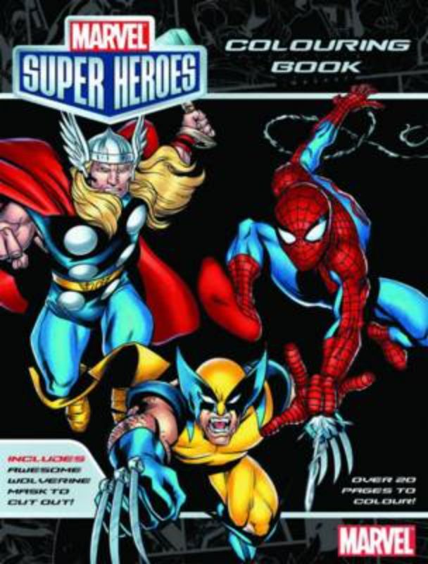 Coloring book with 24 pages of Marvel heroes, including Spider-Man and Iron Man, plus a Wolverine mask for creative play.