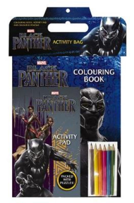 Black Panther Activity Bag featuring a coloring book, activity pad, and coloring pencils for creative young Marvel fans.