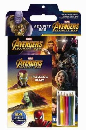 Avengers Infinity War Activity Bag: 24-page coloring book, puzzle pad, and six vibrant pencils for creative Super Hero fun.