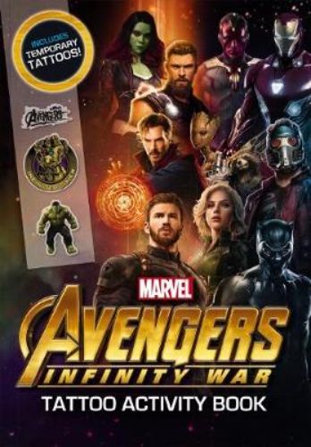 "Exciting Avengers Infinity War Tattoo Activity Book with 32 pages of stickers, puzzles, and hero-themed activities for kids."