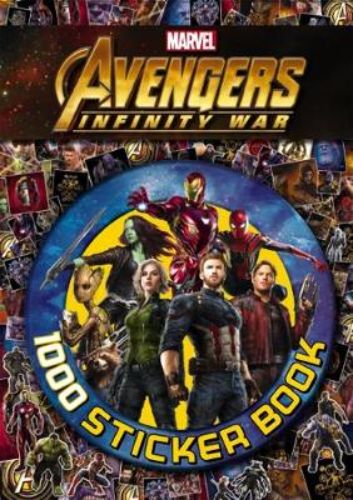 Colorful sticker book featuring 1000 high-quality stickers of Marvel heroes battling Thanos and engaging activities for fans.