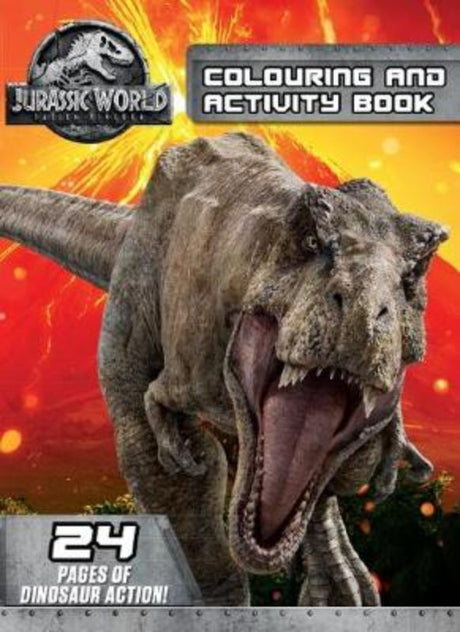 Colouring and activity book featuring dinosaur adventures for kids, with 24 pages of illustrations and puzzles.