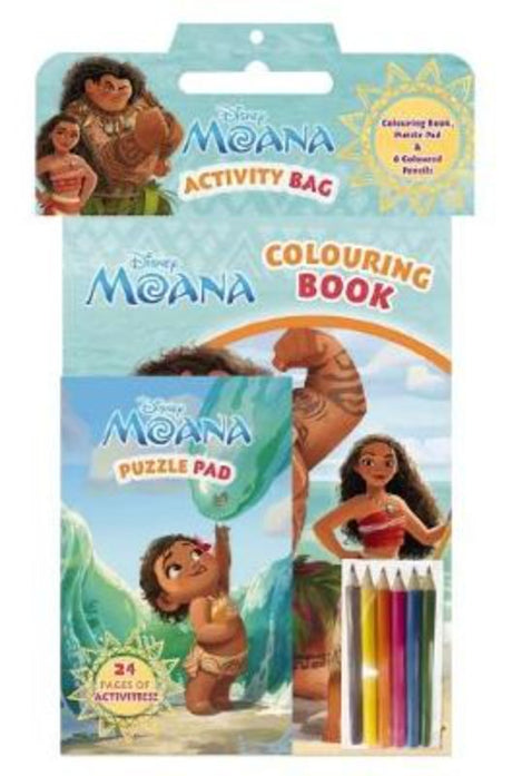 Moana Activity Bag featuring a coloring book, puzzle pad, and colorful pencils for creative adventures.