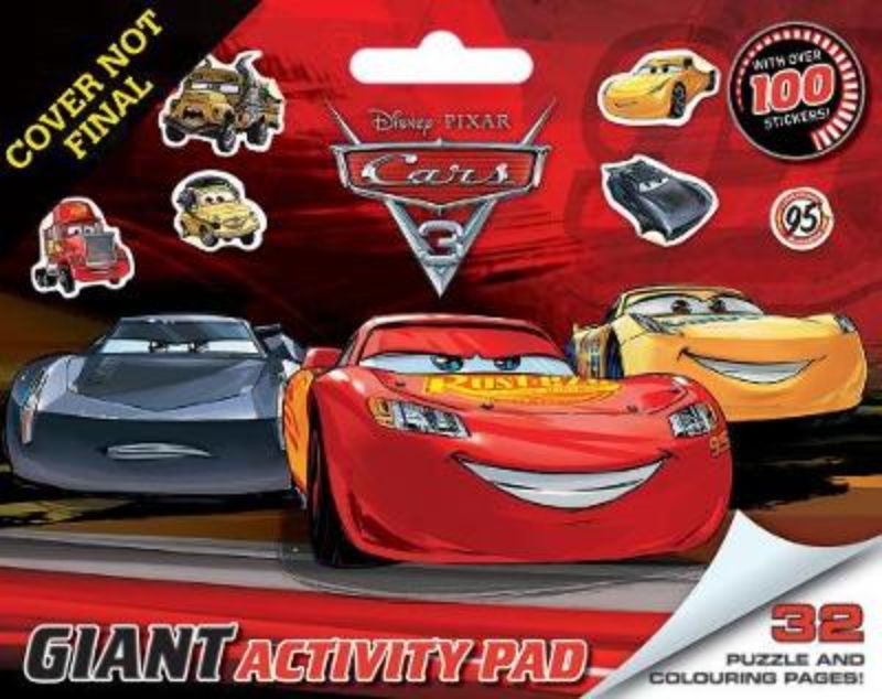 Giant activity pad featuring Cars 3 characters with puzzles and coloring pages for creative fun and skill development.