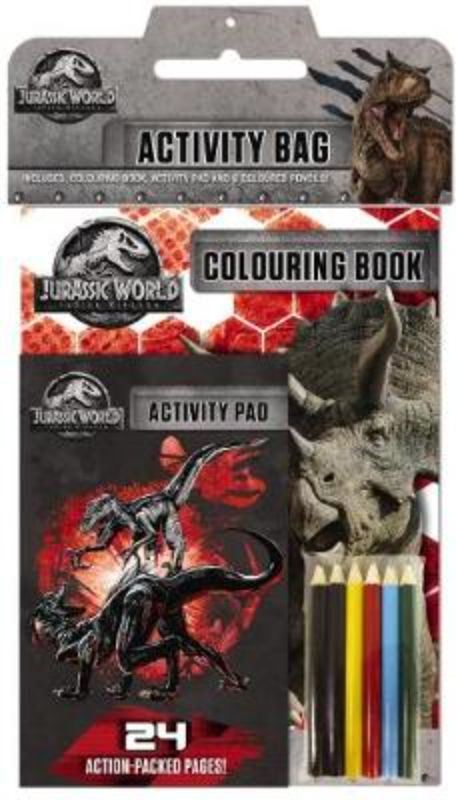 Activity bag featuring a colorful dinosaur-themed coloring book, puzzles, games, and six pencils for creative fun.