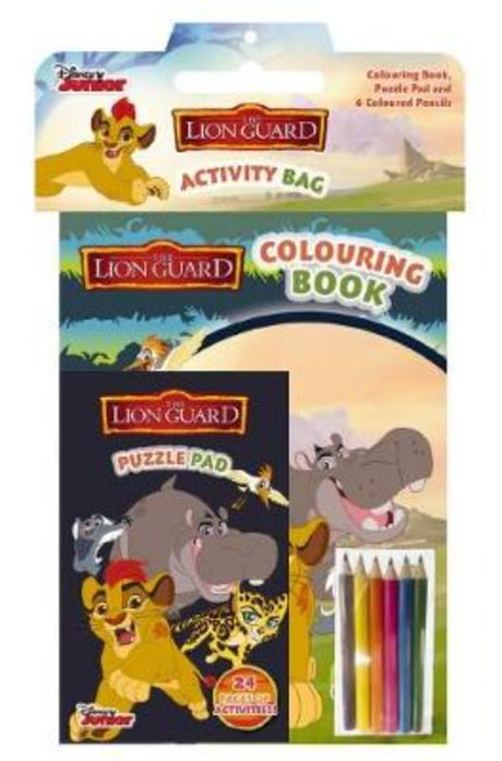 The Lion Guard Activity Bag features a coloring book, puzzle pad, and colorful pencils for creative fun and learning.