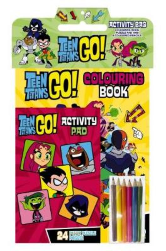 Teen Titans Go! activity bag featuring coloring book, activity pad, and colored pencils for creative fun.