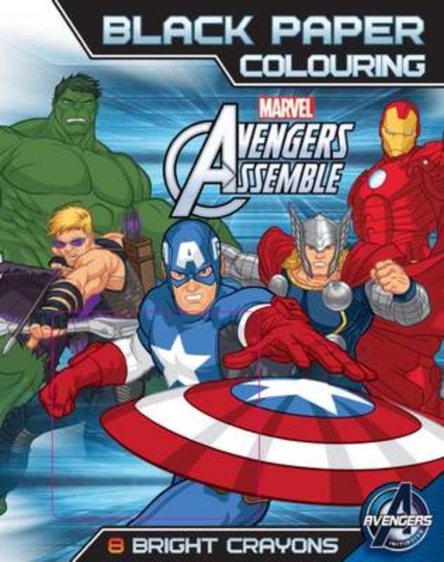 Marvel Avengers Assemble Colouring Book with 48 black pages for vibrant superhero art and relaxation.