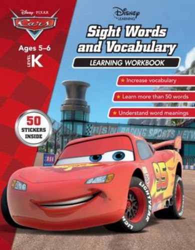 Disney Cars workbook for kindergarten features vibrant illustrations and activities to teach sight words and vocabulary skills.