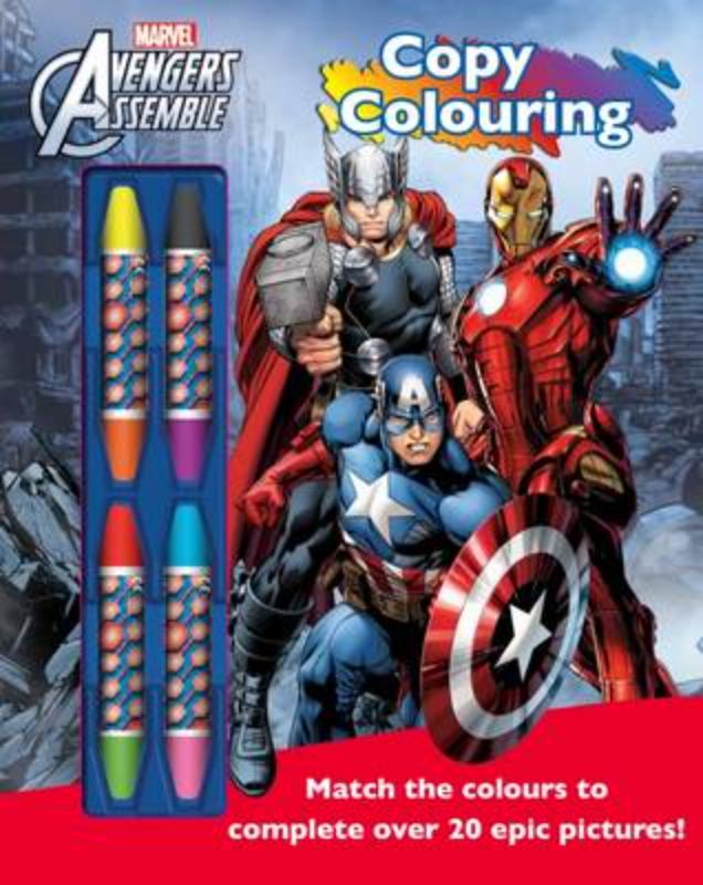 Avengers Assemble Copy Colouring Book featuring iconic superheroes, 48 action-packed pages for creative fun.