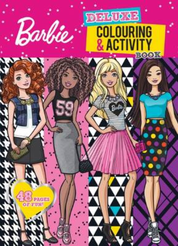 Barbie Deluxe Colouring and Activity Book featuring 48 pages of coloring, puzzles, and fun activities for kids.