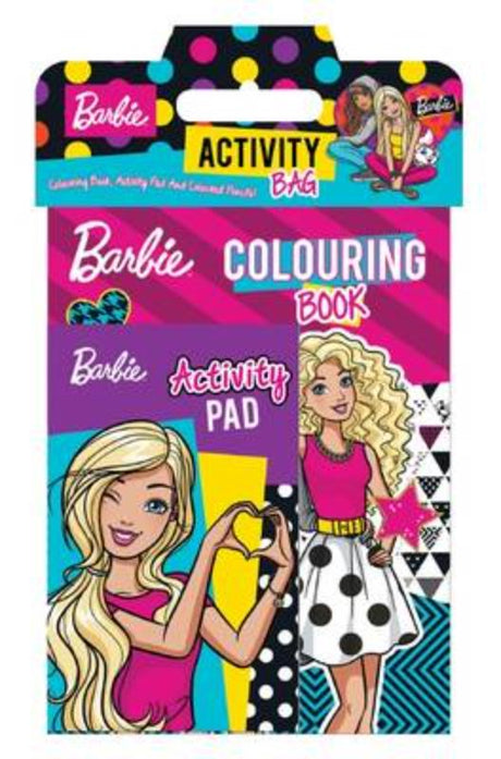 Barbie Activity Bag featuring a 24-page Activity Pad, Colouring Book, and six colored pencils for creative fun and learning.