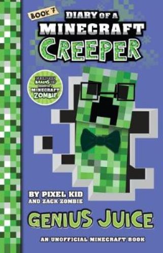 Illustrated cover of "Genius Juice," featuring Jasper the Creeper, highlighting adventure and discovery in Minecraft.