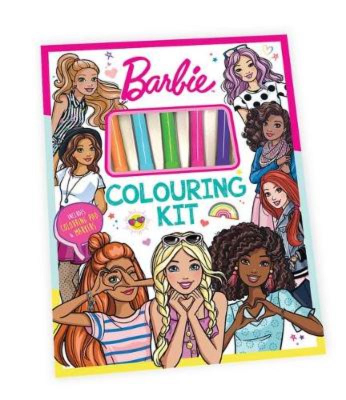 Colorful Barbie colouring kit with markers, featuring 48 tear-out pages for creative play and artistic expression.