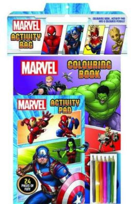 Marvel Activity Bag featuring a 24-page colouring book, puzzle pad, and six colouring pencils for creative young fans.