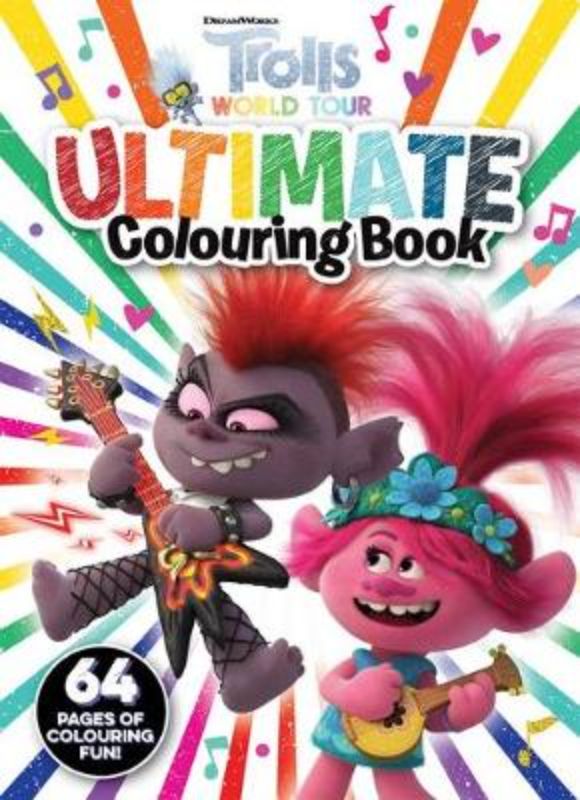 Deluxe Trolls World Tour colouring book with 64 pages of fun illustrations for kids to color and enjoy creativity.