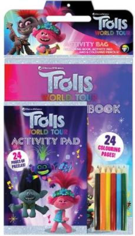 Trolls World Tour Activity Bag featuring a coloring book, puzzle pad, and six pencils for creative fun on the go.
