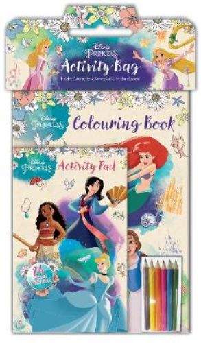 Disney Princess Activity Bag featuring a 24-page coloring book, activity pad, and six colored pencils for creative adventures.
