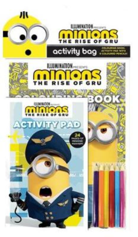 Minions activity bag featuring a coloring book, puzzle pad, and six coloring pencils for creative fun.