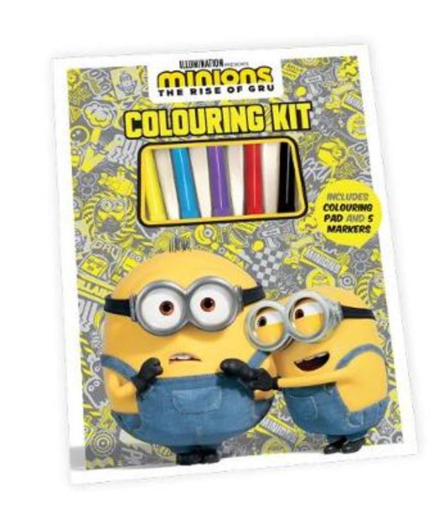 Minions the Rise of Gru Colouring Kit featuring 48 pages for creative fun, five colorful markers, and easy tear-out designs.