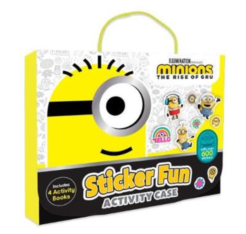 Colorful Minions sticker activity case with 4 books and extra sheets for creative fun, perfect for on-the-go play.