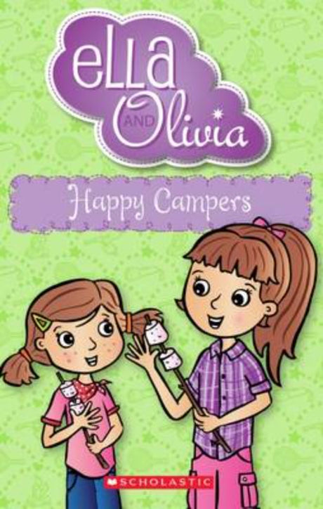 Ella and Olivia's 'Happy Campers' book cover, featuring vibrant illustrations of the sisters on their camping adventure.