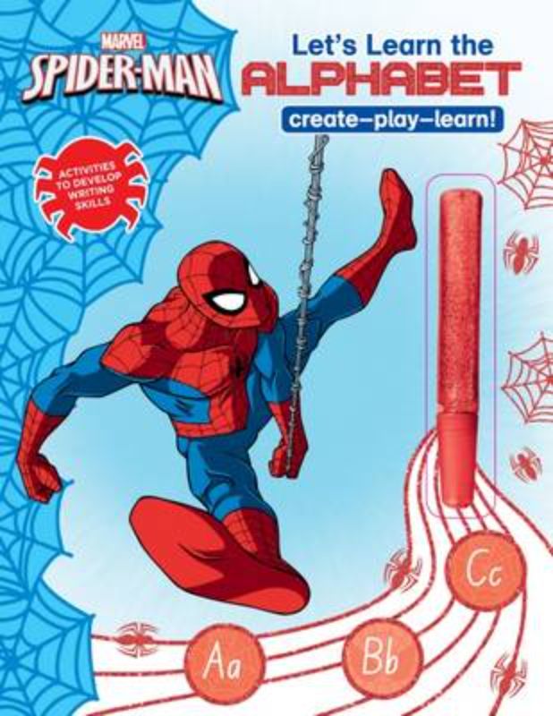 Colorful activity book featuring Spider-Man, designed for preschoolers to learn the alphabet with engaging exercises and a glue pen.