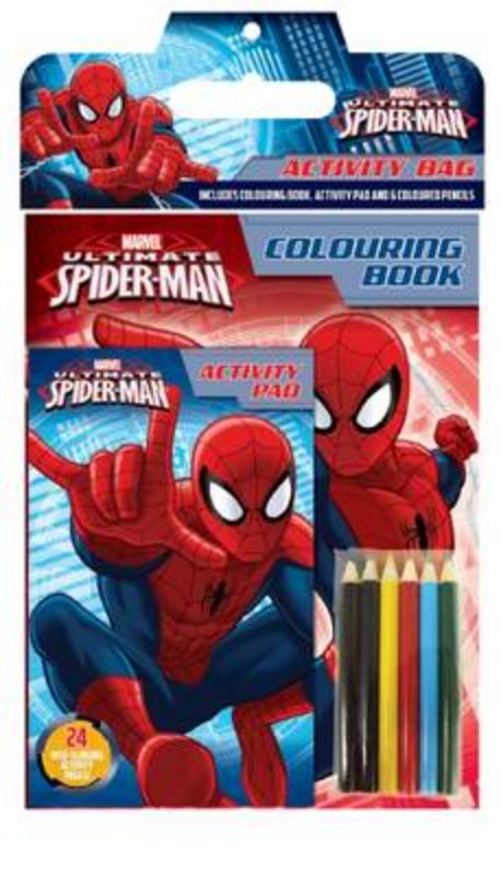 Activity bag featuring Spider-Man with 24 pages of coloring, puzzles, and mazes for young Marvel fans.