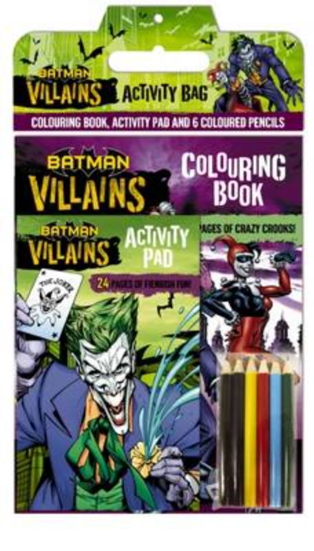 Activity bag featuring Batman villains with puzzles, mazes, and coloring pages for creative kids aged 6 and up.